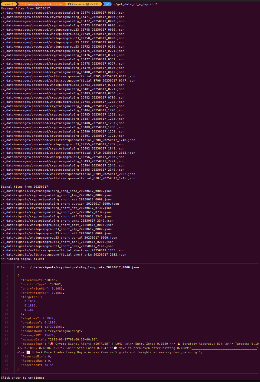Screenshot showing the signal extraction program in action, displaying captured trading signals from Telegram groups